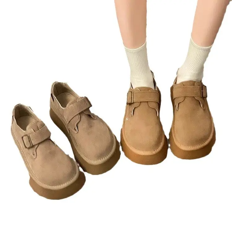 Platform-soled Birkenness Shoes 2024 Autumn Women's Shoes Single-layer Shoes Slip-on Round Toe Retro Loafers Height-increasing All-match Bean Shoes