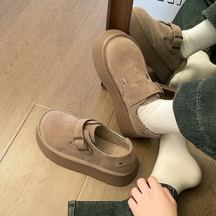 Platform-soled Birkenness Shoes 2024 Autumn Women's Shoes Single-layer Shoes Slip-on Round Toe Retro Loafers Height-increasing All-match Bean Shoes — feature 1