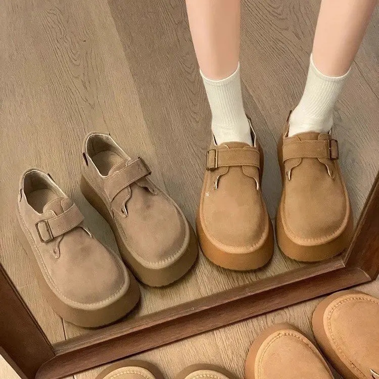 Platform-soled Birkenness Shoes 2024 Autumn Women's Shoes Single-layer Shoes Slip-on Round Toe Retro Loafers Height-increasing All-match Bean Shoes — feature 4