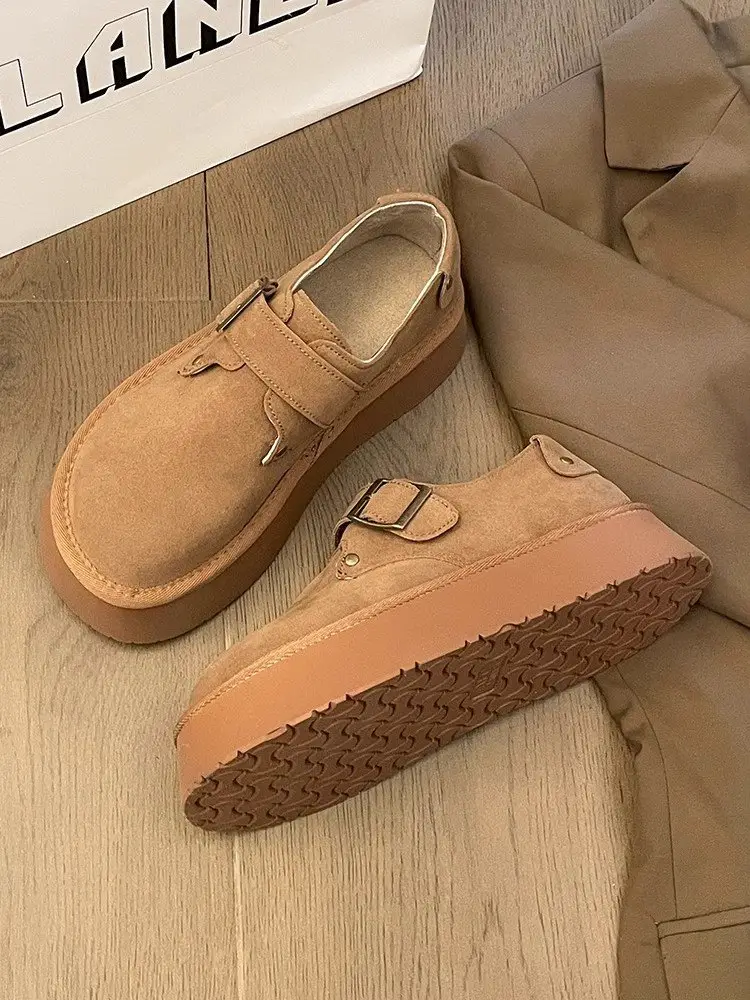 Platform-soled Birkenness Shoes 2024 Autumn Women's Shoes Single-layer Shoes Slip-on Round Toe Retro Loafers Height-increasing All-match Bean Shoes — feature 5