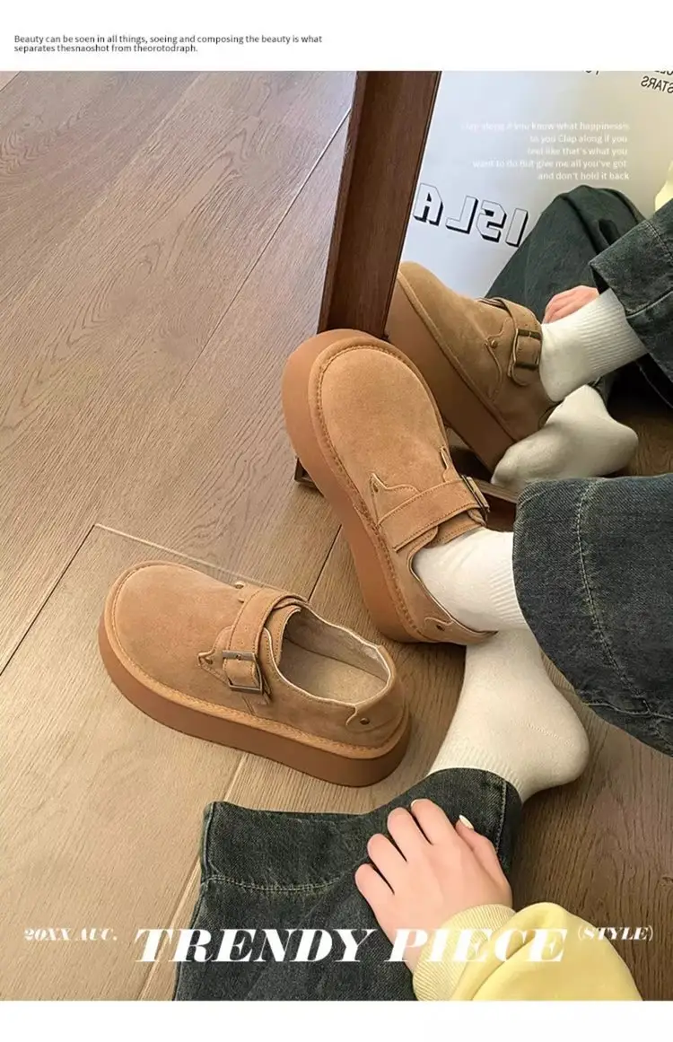 Platform-soled Birkenness Shoes 2024 Autumn Women's Shoes Single-layer Shoes Slip-on Round Toe Retro Loafers Height-increasing All-match Bean Shoes — feature 6