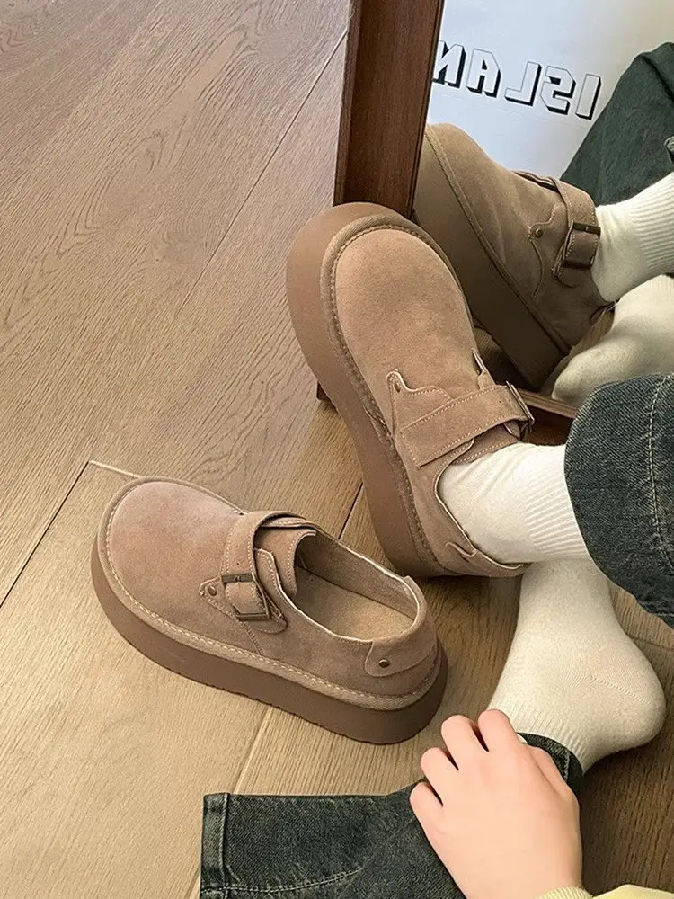 Platform-soled Birkenness Shoes 2024 Autumn Women's Shoes Single-layer Shoes Slip-on Round Toe Retro Loafers Height-increasing All-match Bean Shoes — feature 7