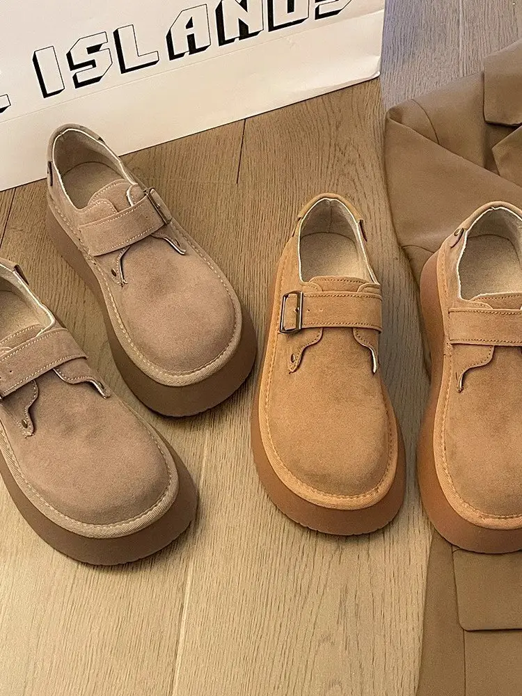 Platform-soled Birkenness Shoes 2024 Autumn Women's Shoes Single-layer Shoes Slip-on Round Toe Retro Loafers Height-increasing All-match Bean Shoes — feature 8
