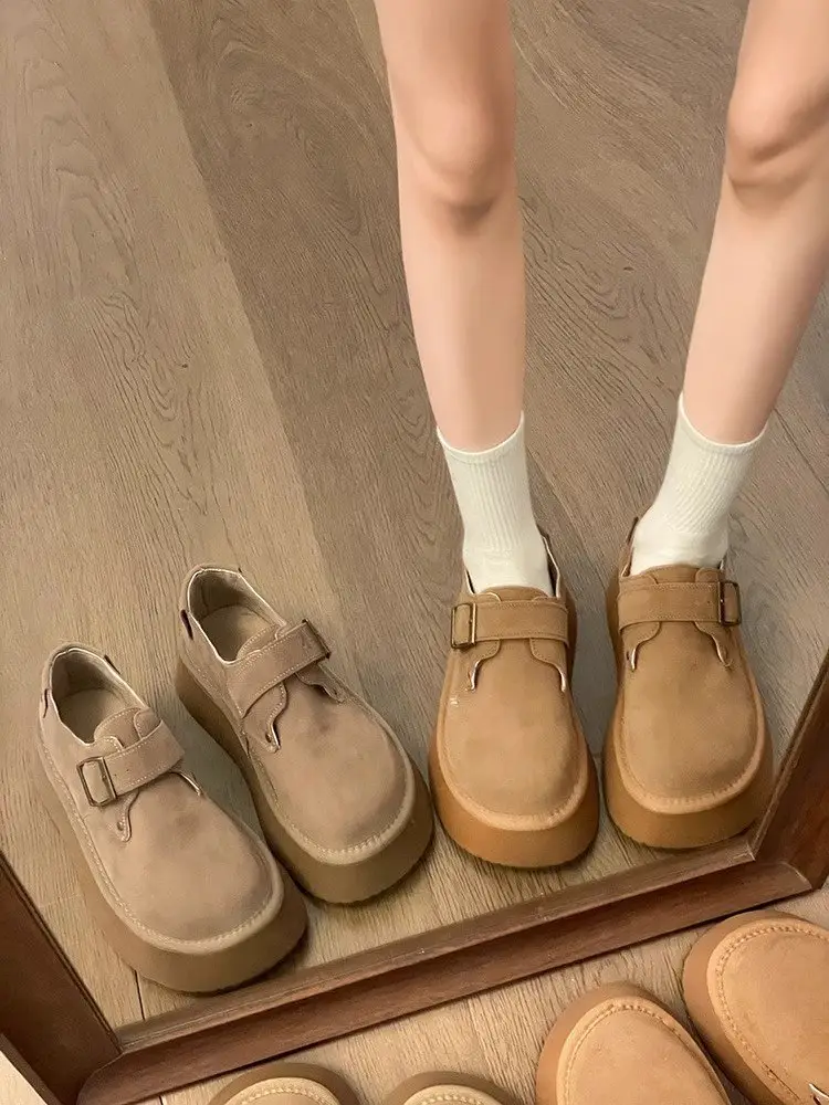 Platform-soled Birkenness Shoes 2024 Autumn Women's Shoes Single-layer Shoes Slip-on Round Toe Retro Loafers Height-increasing All-match Bean Shoes — feature 9