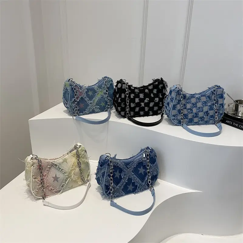 Black Denim Checkerboard Shoulder Bag for Women