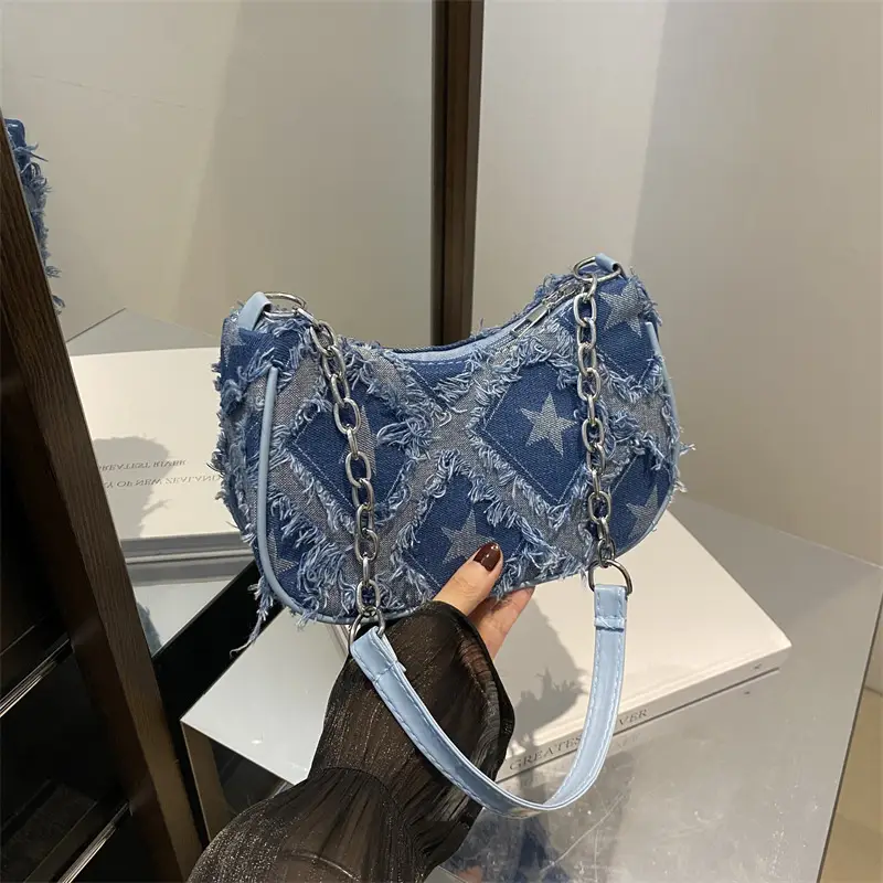 Black Denim Checkerboard Shoulder Bag for Women