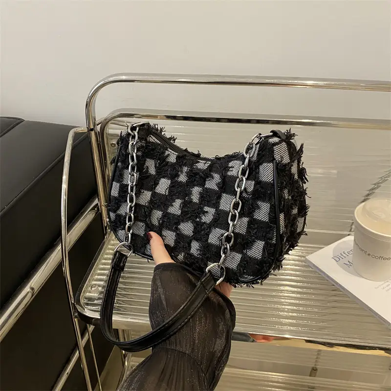 Black Denim Checkerboard Shoulder Bag for Women
