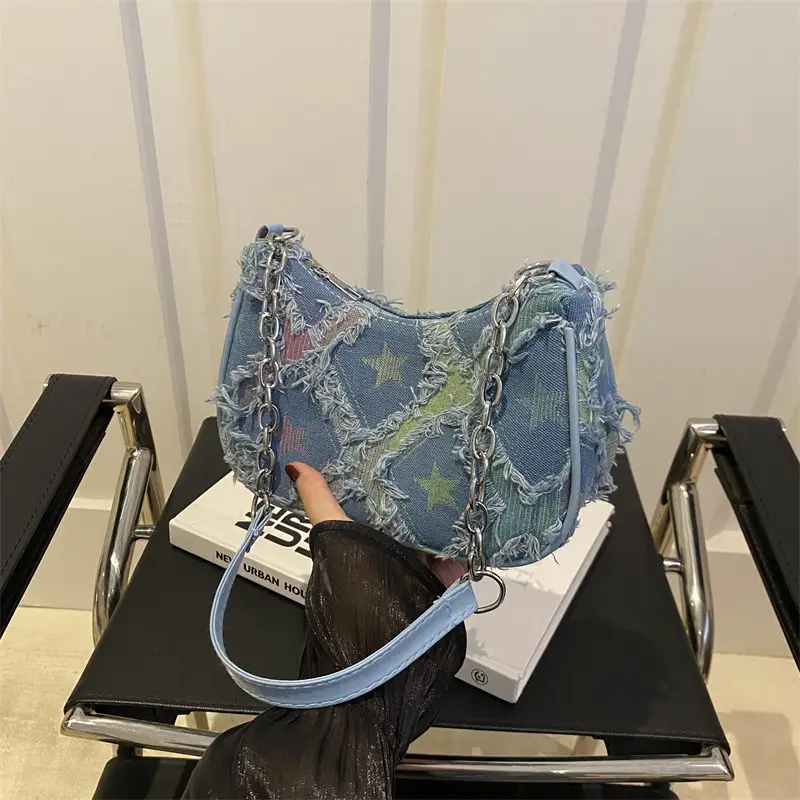 Black Denim Checkerboard Shoulder Bag for Women