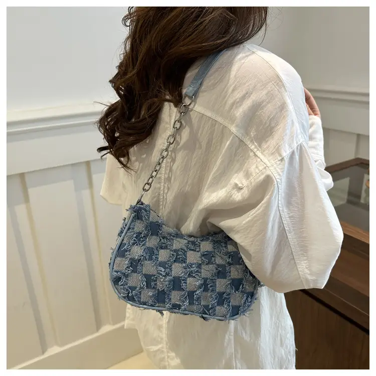 Black Denim Checkerboard Shoulder Bag for Women — feature 13