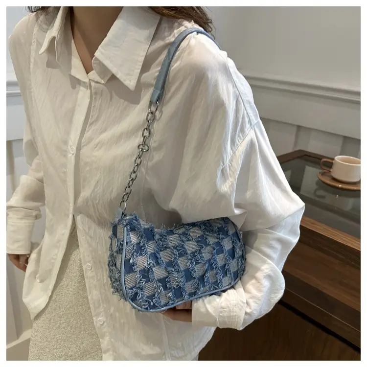 Black Denim Checkerboard Shoulder Bag for Women — feature 14