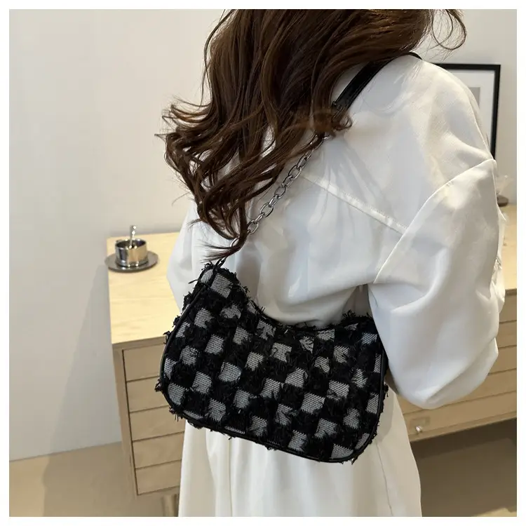 Black Denim Checkerboard Shoulder Bag for Women — feature 17