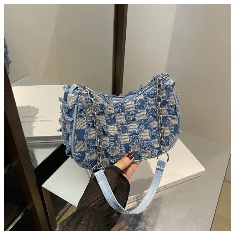 Black Denim Checkerboard Shoulder Bag for Women — feature 21