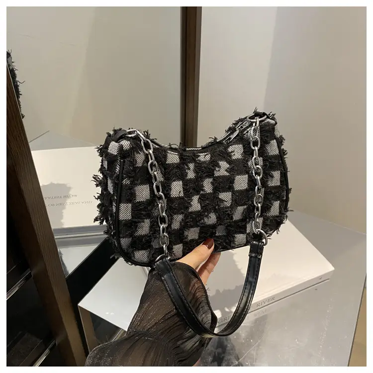 Black Denim Checkerboard Shoulder Bag for Women — feature 22