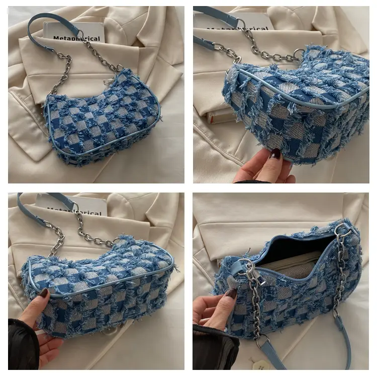 Black Denim Checkerboard Shoulder Bag for Women — feature 8