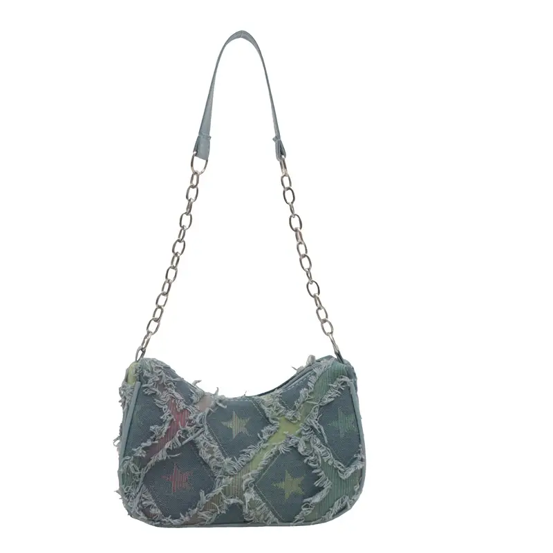 Black Denim Checkerboard Shoulder Bag for Women
