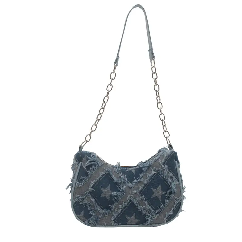 Black Denim Checkerboard Shoulder Bag for Women