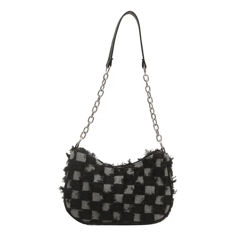 Black Denim Checkerboard Shoulder Bag for Women