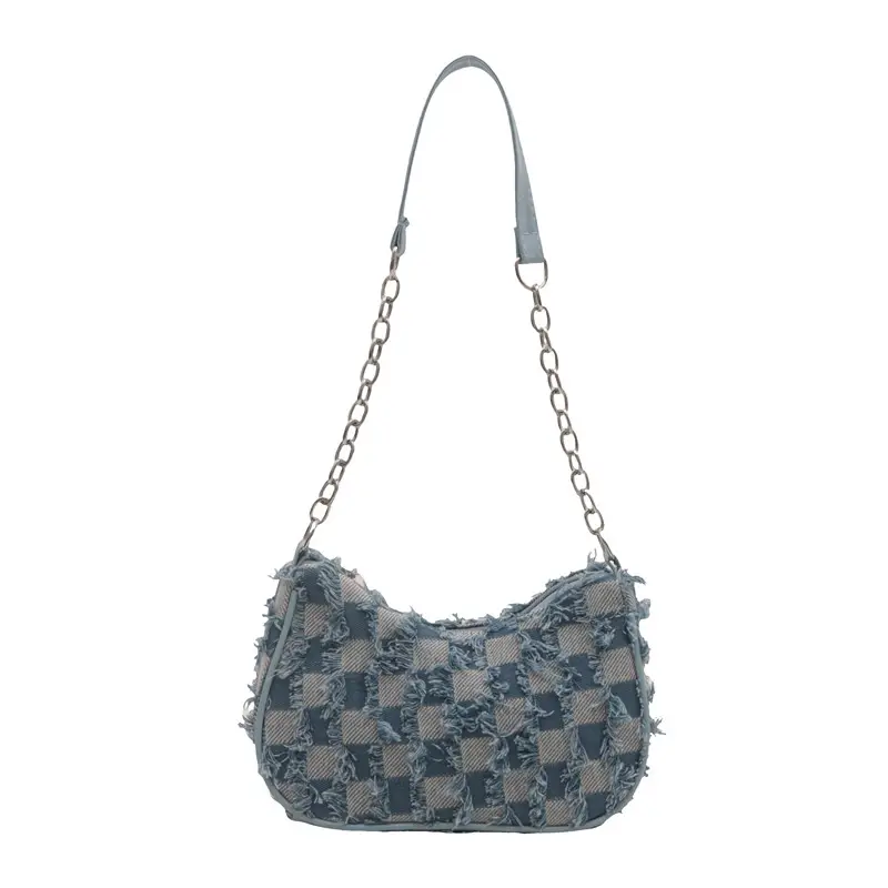 Black Denim Checkerboard Shoulder Bag for Women