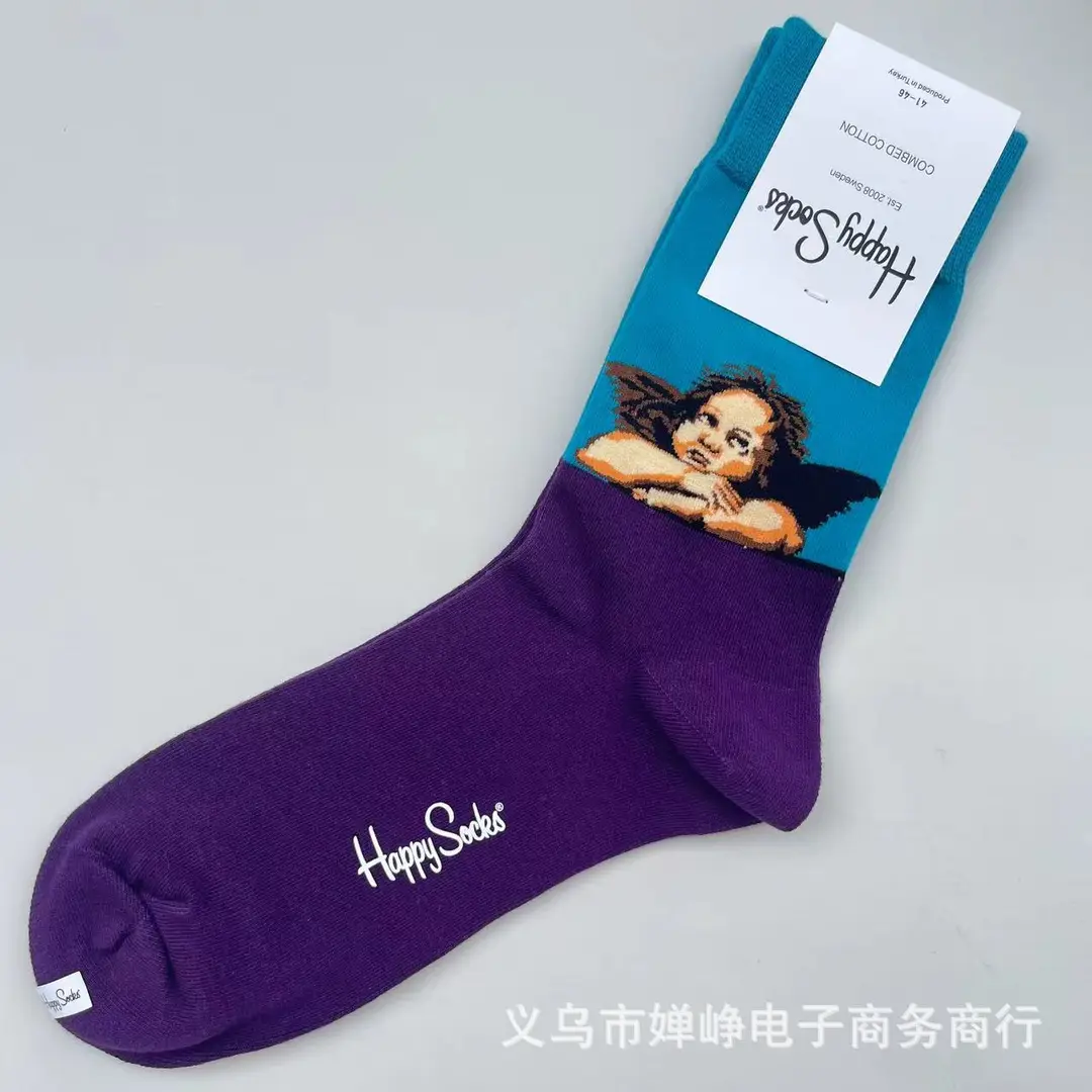 New Happysocks Men's Socks Trendy Brand Socks Colorfulful Jacquard Popular Versatile Cotton Socks Mid-Calf Socks Ins Trendy Socks