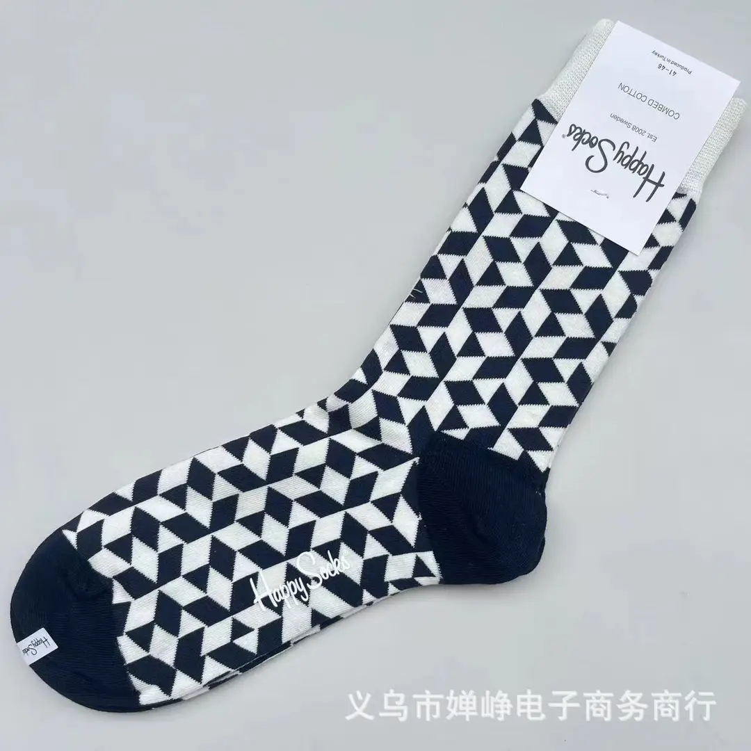 New Happysocks Men's Socks Trendy Brand Socks Colorfulful Jacquard Popular Versatile Cotton Socks Mid-Calf Socks Ins Trendy Socks