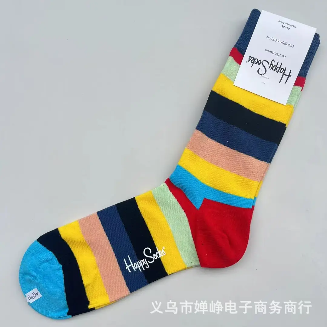 New Happysocks Men's Socks Trendy Brand Socks Colorfulful Jacquard Popular Versatile Cotton Socks Mid-Calf Socks Ins Trendy Socks