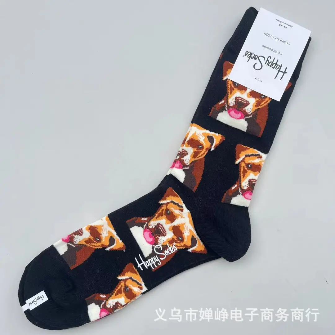 New Happysocks Men's Socks Trendy Brand Socks Colorfulful Jacquard Popular Versatile Cotton Socks Mid-Calf Socks Ins Trendy Socks