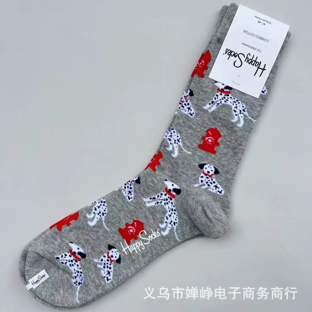 New Happysocks Men's Socks Trendy Brand Socks Colorfulful Jacquard Popular Versatile Cotton Socks Mid-Calf Socks Ins Trendy Socks