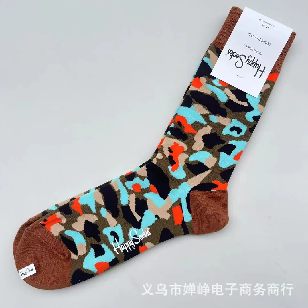 New Happysocks Men's Socks Trendy Brand Socks Colorfulful Jacquard Popular Versatile Cotton Socks Mid-Calf Socks Ins Trendy Socks