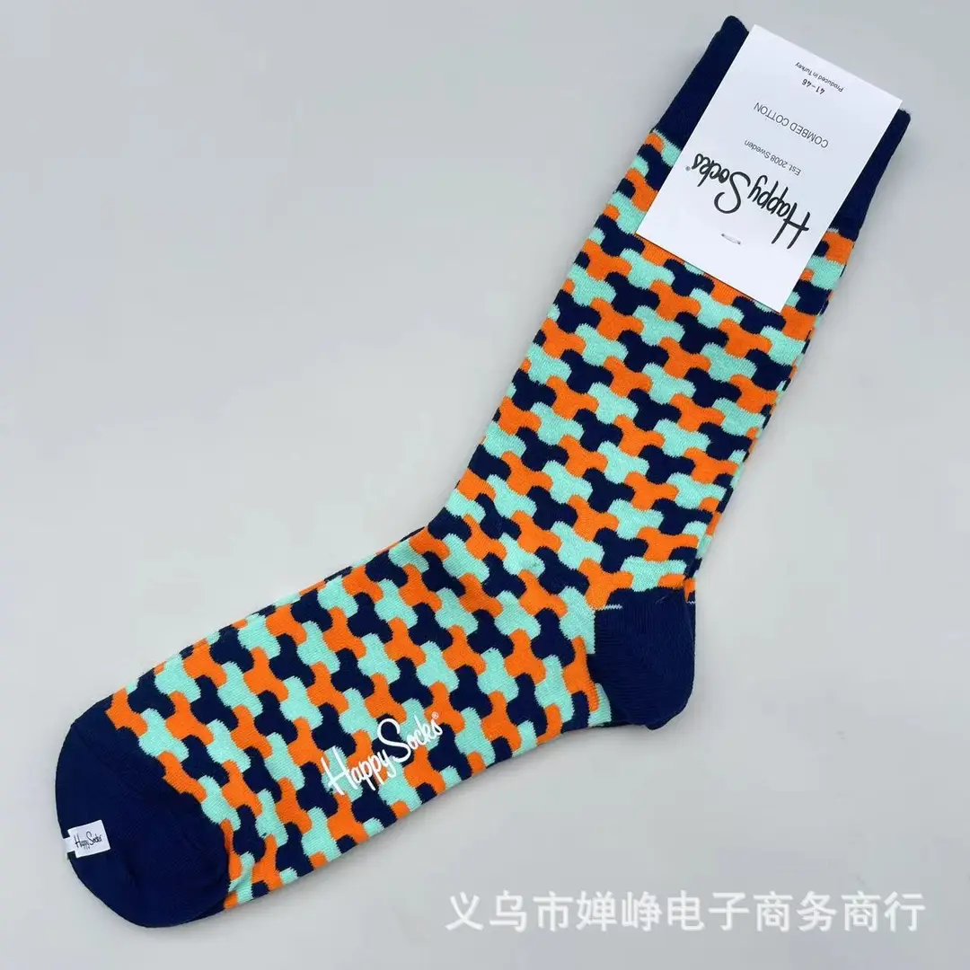 New Happysocks Men's Socks Trendy Brand Socks Colorfulful Jacquard Popular Versatile Cotton Socks Mid-Calf Socks Ins Trendy Socks