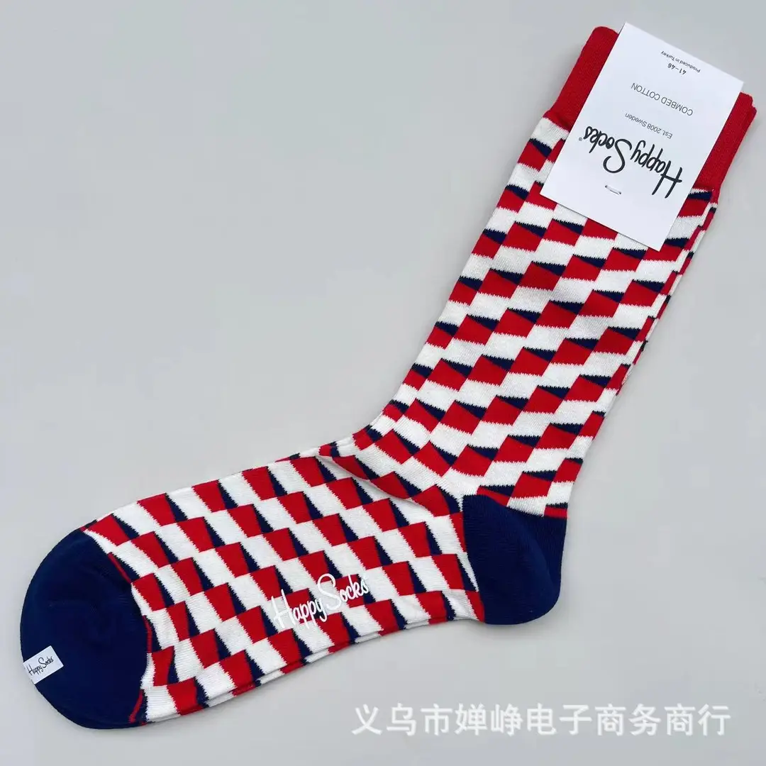 New Happysocks Men's Socks Trendy Brand Socks Colorfulful Jacquard Popular Versatile Cotton Socks Mid-Calf Socks Ins Trendy Socks