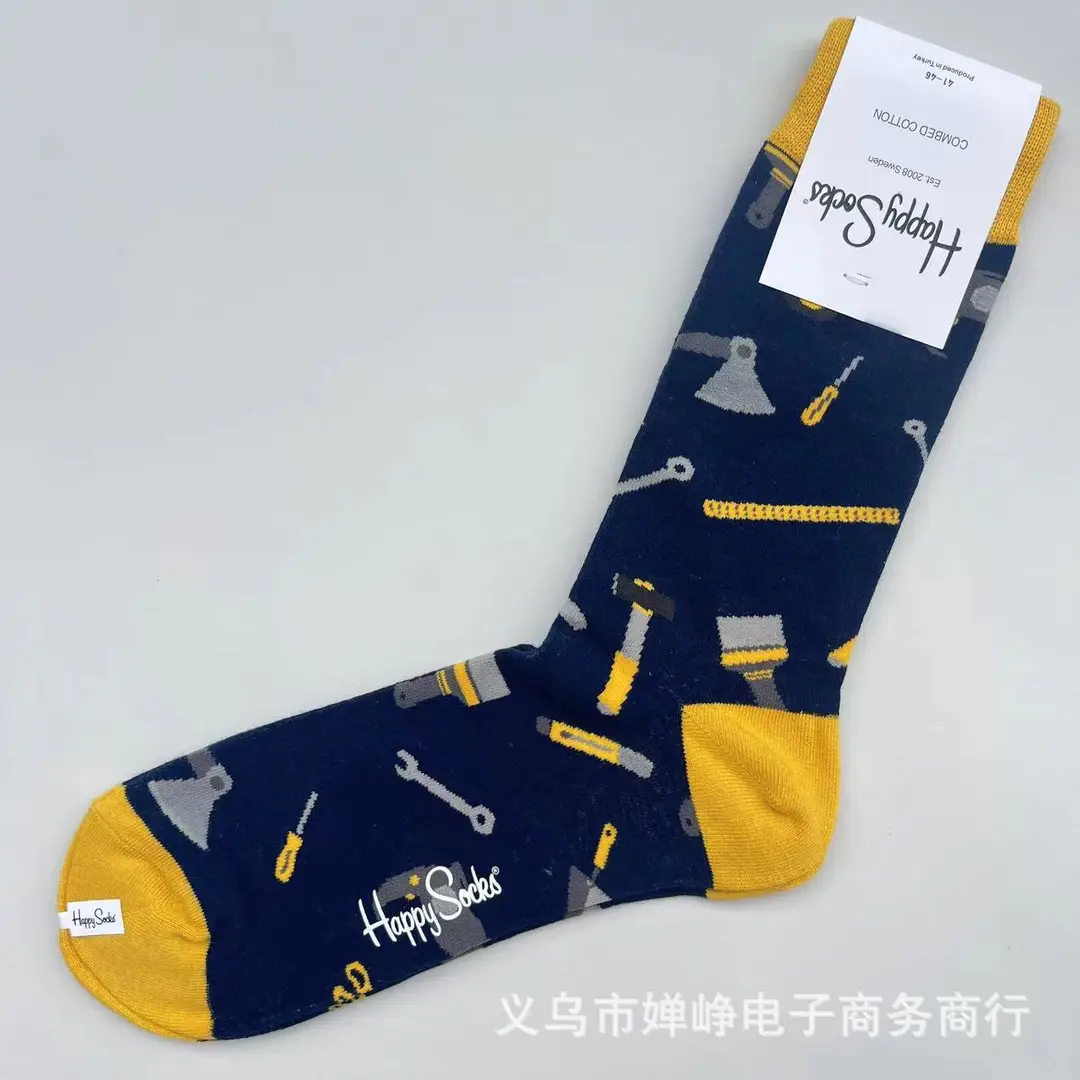 New Happysocks Men's Socks Trendy Brand Socks Colorfulful Jacquard Popular Versatile Cotton Socks Mid-Calf Socks Ins Trendy Socks