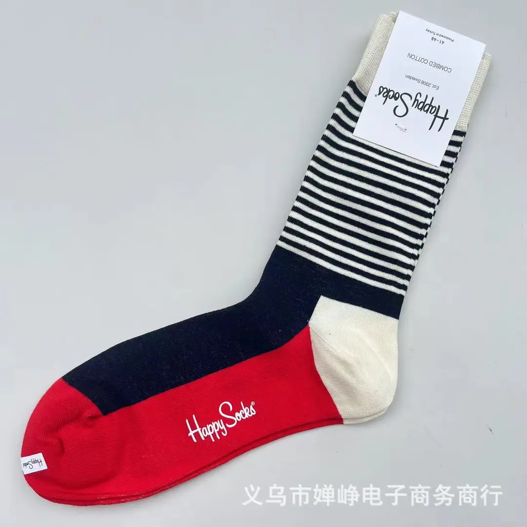 New Happysocks Men's Socks Trendy Brand Socks Colorfulful Jacquard Popular Versatile Cotton Socks Mid-Calf Socks Ins Trendy Socks