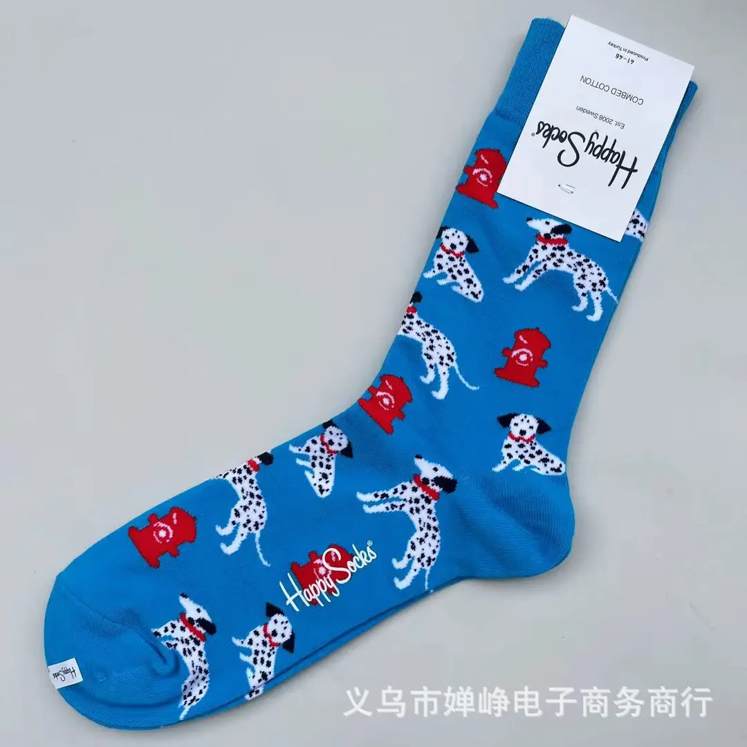New Happysocks Men's Socks Trendy Brand Socks Colorfulful Jacquard Popular Versatile Cotton Socks Mid-Calf Socks Ins Trendy Socks