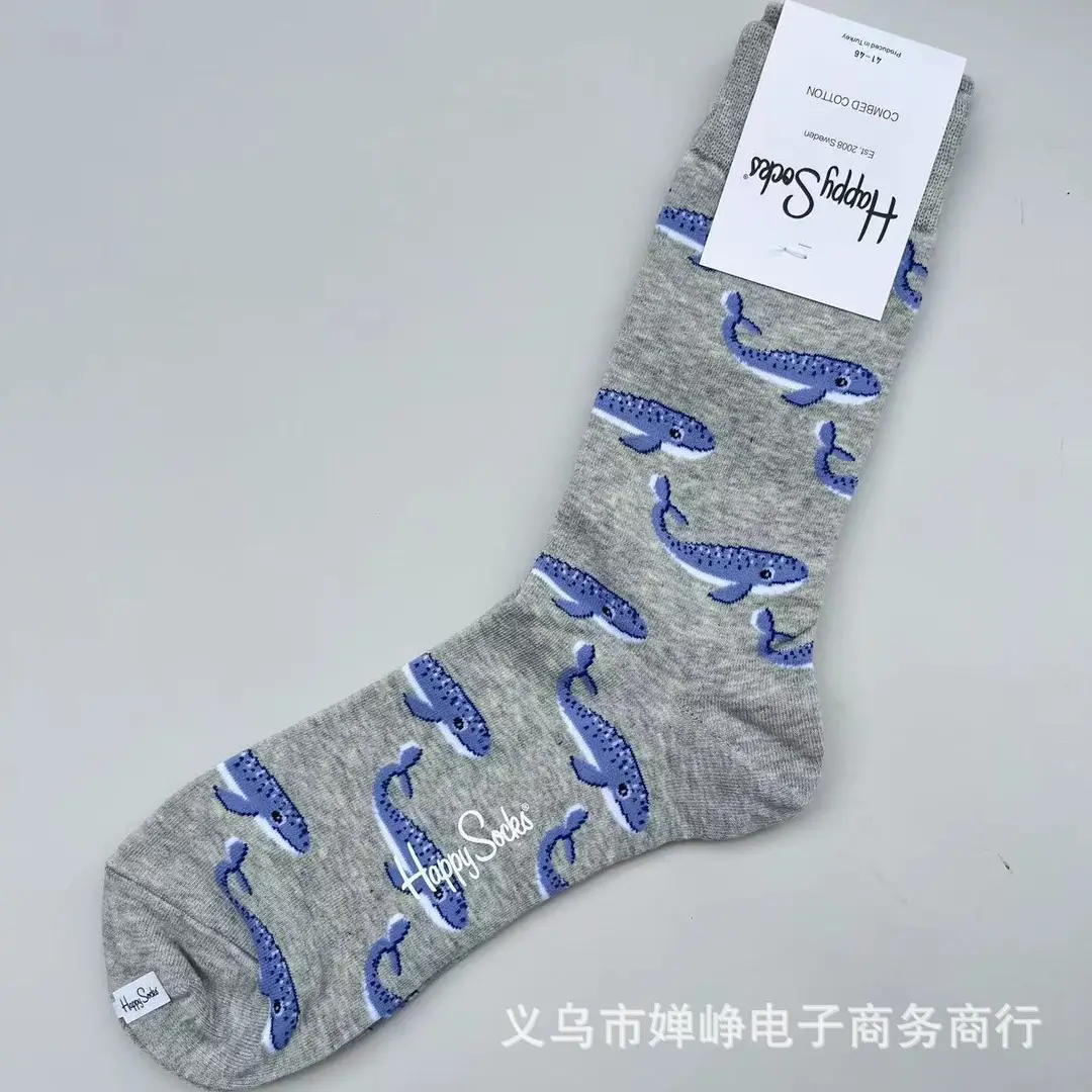 New Happysocks Men's Socks Trendy Brand Socks Colorfulful Jacquard Popular Versatile Cotton Socks Mid-Calf Socks Ins Trendy Socks
