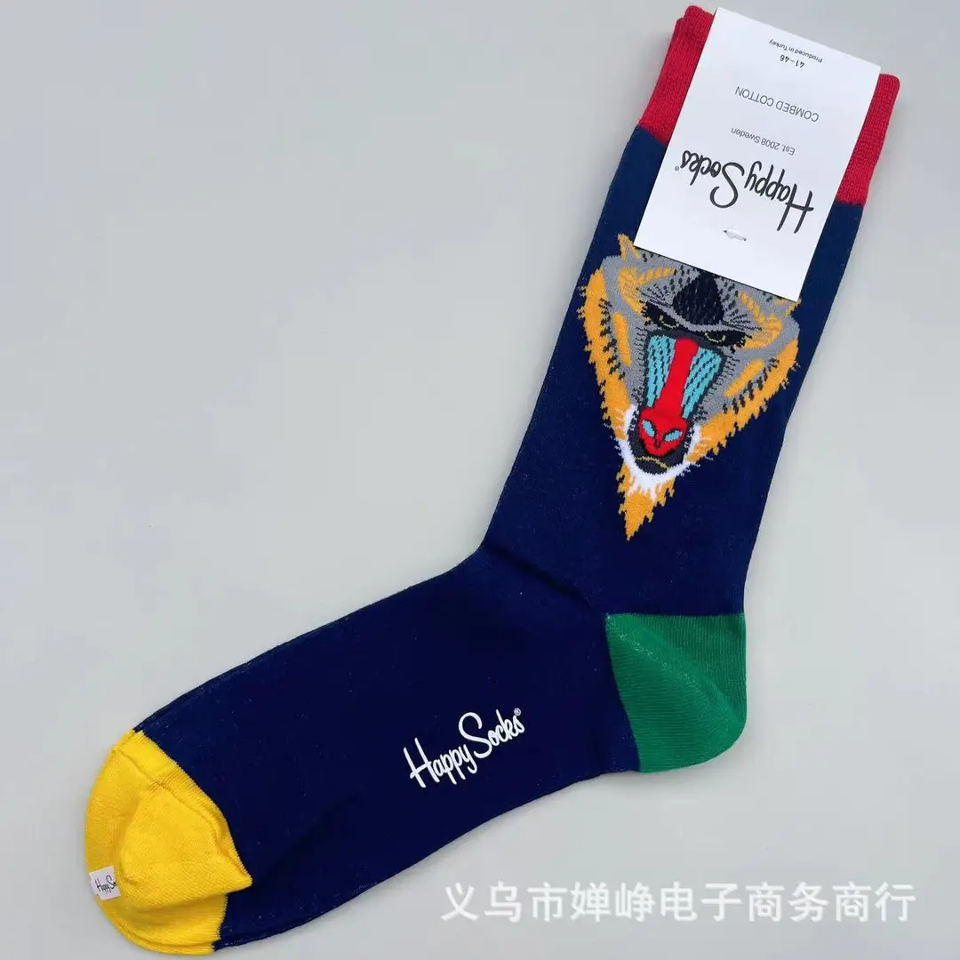 New Happysocks Men's Socks Trendy Brand Socks Colorfulful Jacquard Popular Versatile Cotton Socks Mid-Calf Socks Ins Trendy Socks
