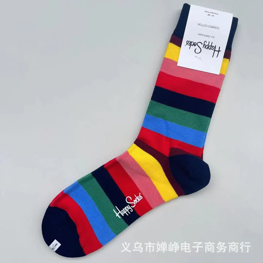 New Happysocks Men's Socks Trendy Brand Socks Colorfulful Jacquard Popular Versatile Cotton Socks Mid-Calf Socks Ins Trendy Socks