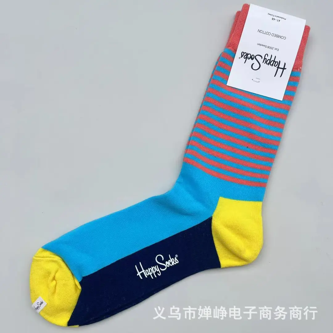 New Happysocks Men's Socks Trendy Brand Socks Colorfulful Jacquard Popular Versatile Cotton Socks Mid-Calf Socks Ins Trendy Socks