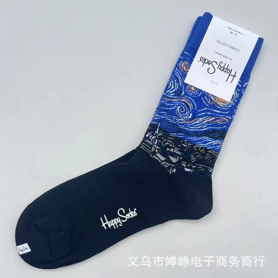 New Happysocks Men's Socks Trendy Brand Socks Colorfulful Jacquard Popular Versatile Cotton Socks Mid-Calf Socks Ins Trendy Socks