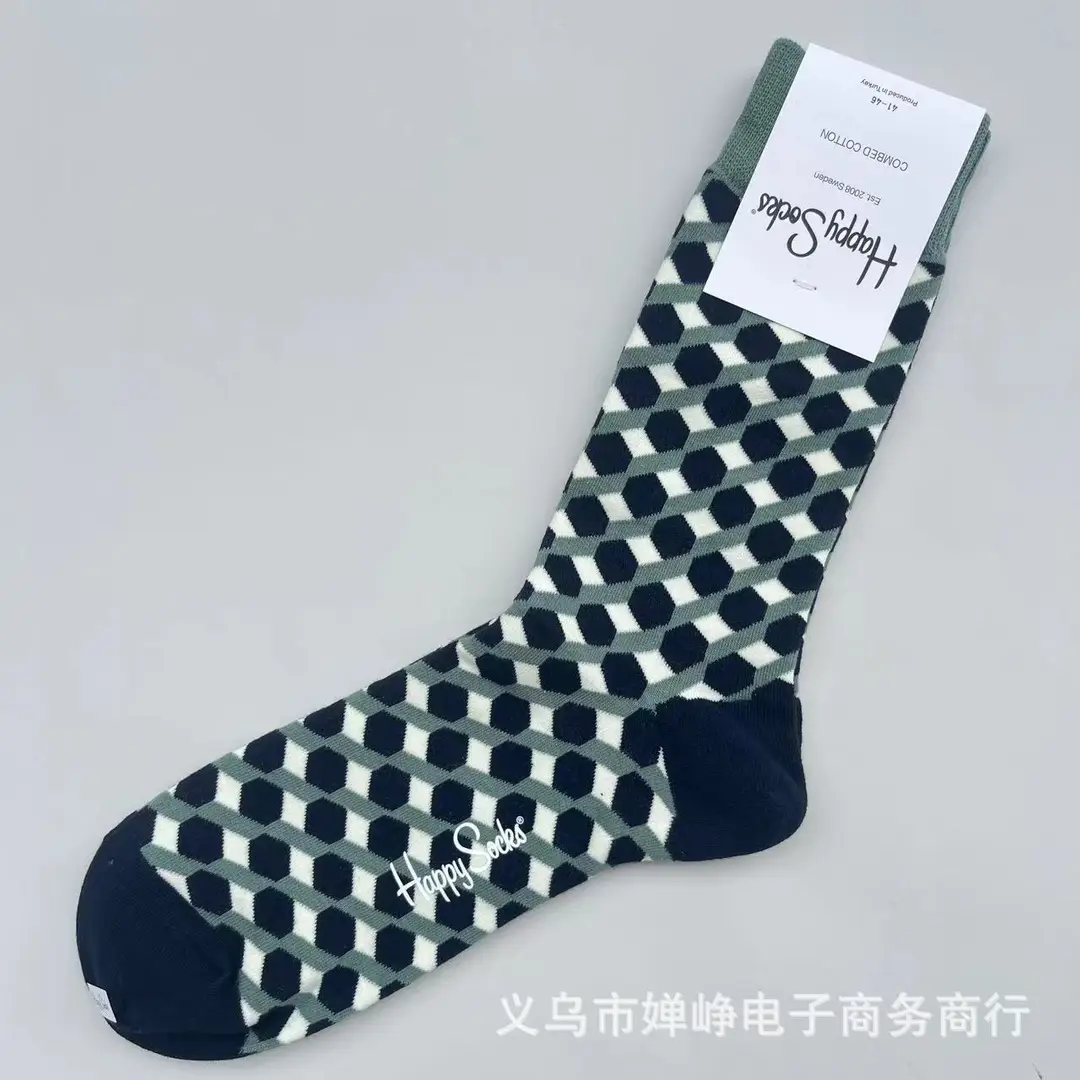 New Happysocks Men's Socks Trendy Brand Socks Colorfulful Jacquard Popular Versatile Cotton Socks Mid-Calf Socks Ins Trendy Socks