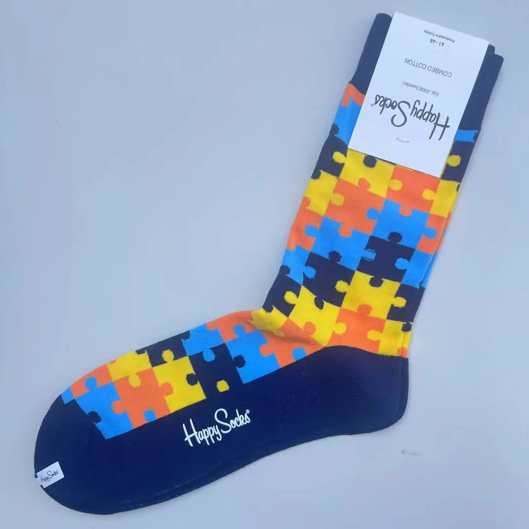 New Happysocks Men's Socks Trendy Brand Socks Colorfulful Jacquard Popular Versatile Cotton Socks Mid-Calf Socks Ins Trendy Socks
