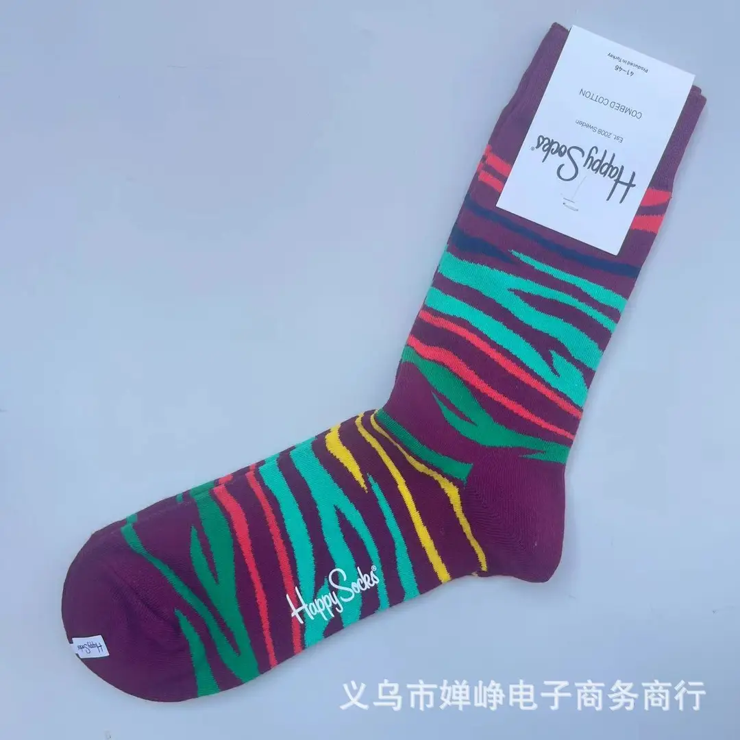 New Happysocks Men's Socks Trendy Brand Socks Colorfulful Jacquard Popular Versatile Cotton Socks Mid-Calf Socks Ins Trendy Socks