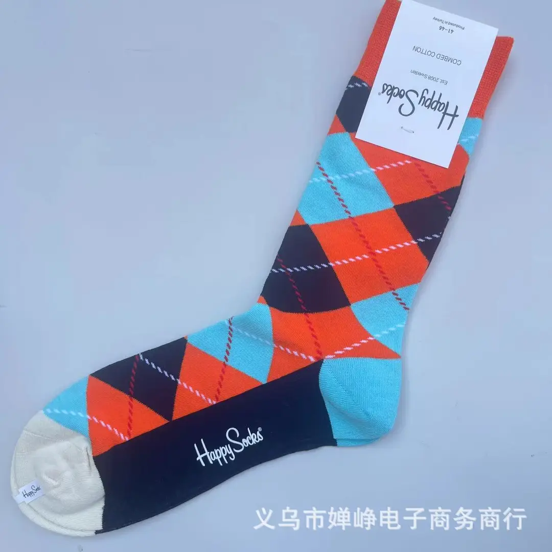 New Happysocks Men's Socks Trendy Brand Socks Colorfulful Jacquard Popular Versatile Cotton Socks Mid-Calf Socks Ins Trendy Socks