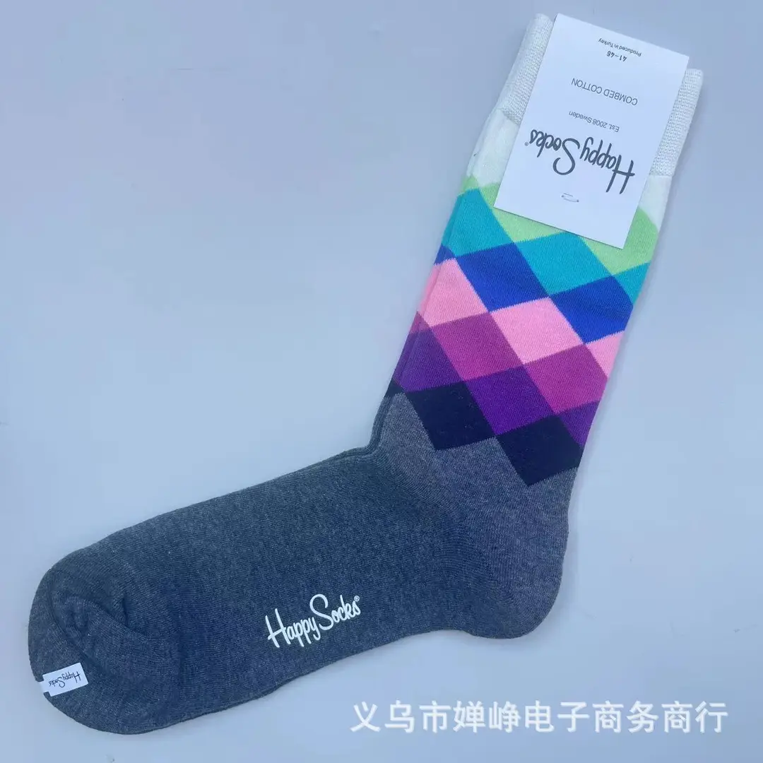 New Happysocks Men's Socks Trendy Brand Socks Colorfulful Jacquard Popular Versatile Cotton Socks Mid-Calf Socks Ins Trendy Socks