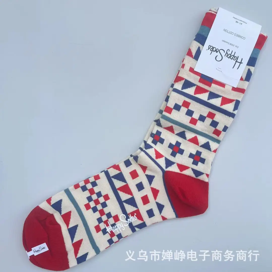 New Happysocks Men's Socks Trendy Brand Socks Colorfulful Jacquard Popular Versatile Cotton Socks Mid-Calf Socks Ins Trendy Socks
