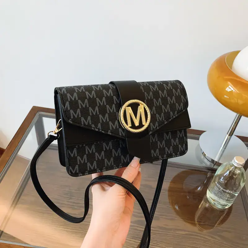 Women's Black Monogram Shoulder Bag with Gold Logo - Image 7