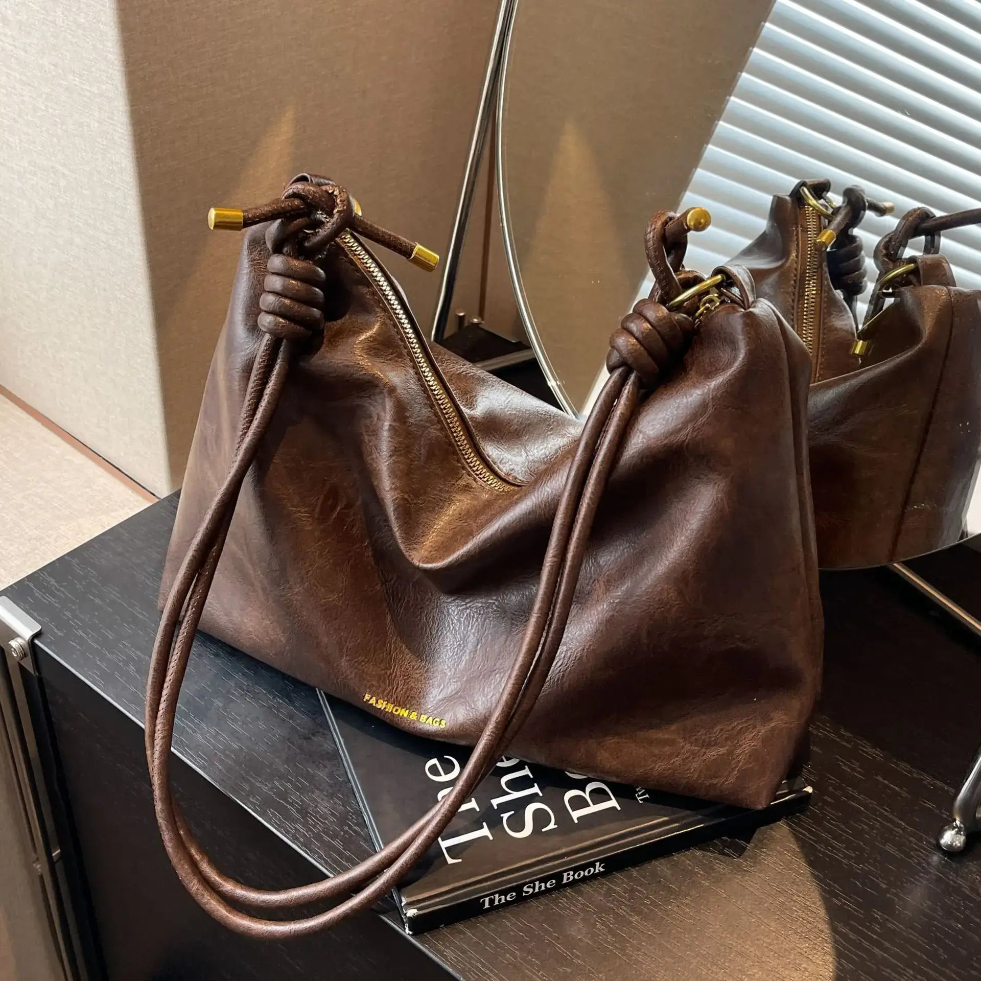 Brown Leather Drawstring Shoulder Bag for Women - Image 5