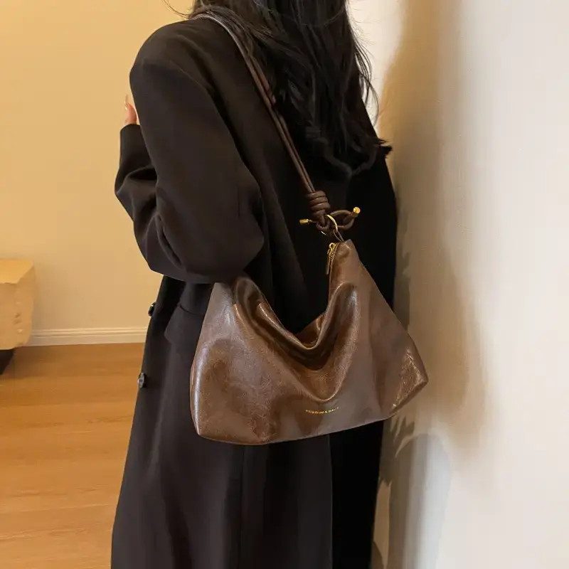 Brown Leather Drawstring Shoulder Bag for Women - Image 6