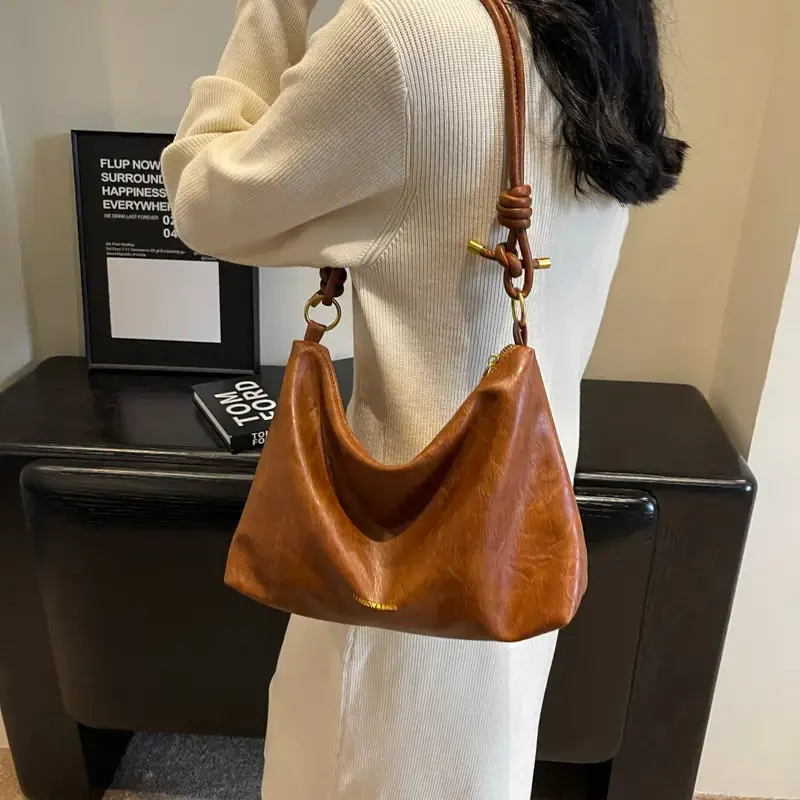 Brown Leather Drawstring Shoulder Bag for Women - Image 7