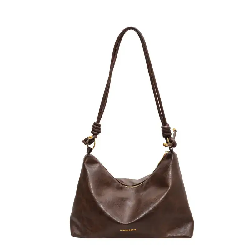 Brown Leather Drawstring Shoulder Bag for Women - Image 8