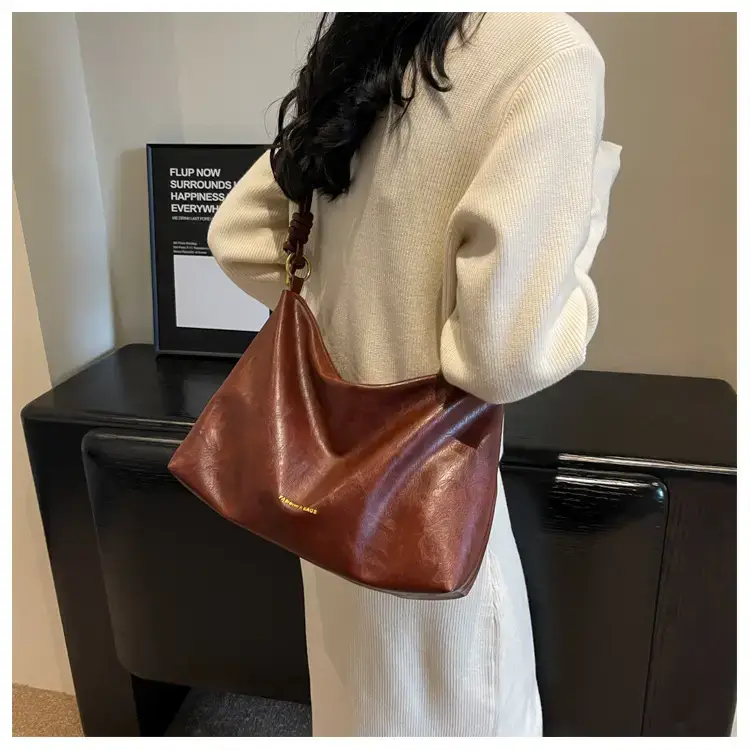 Brown Leather Drawstring Shoulder Bag for Women — feature 36